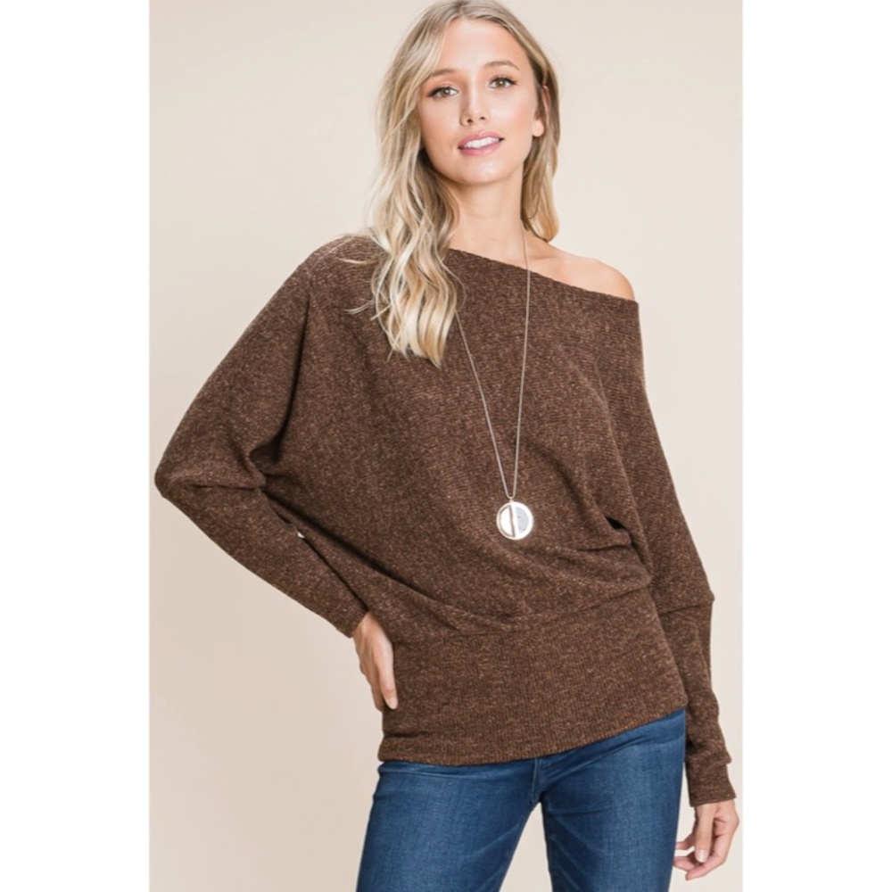 SOLD OUT Brown Solid Ribbed Off Shoulder Dolman Sweater - Picture 3 of 6